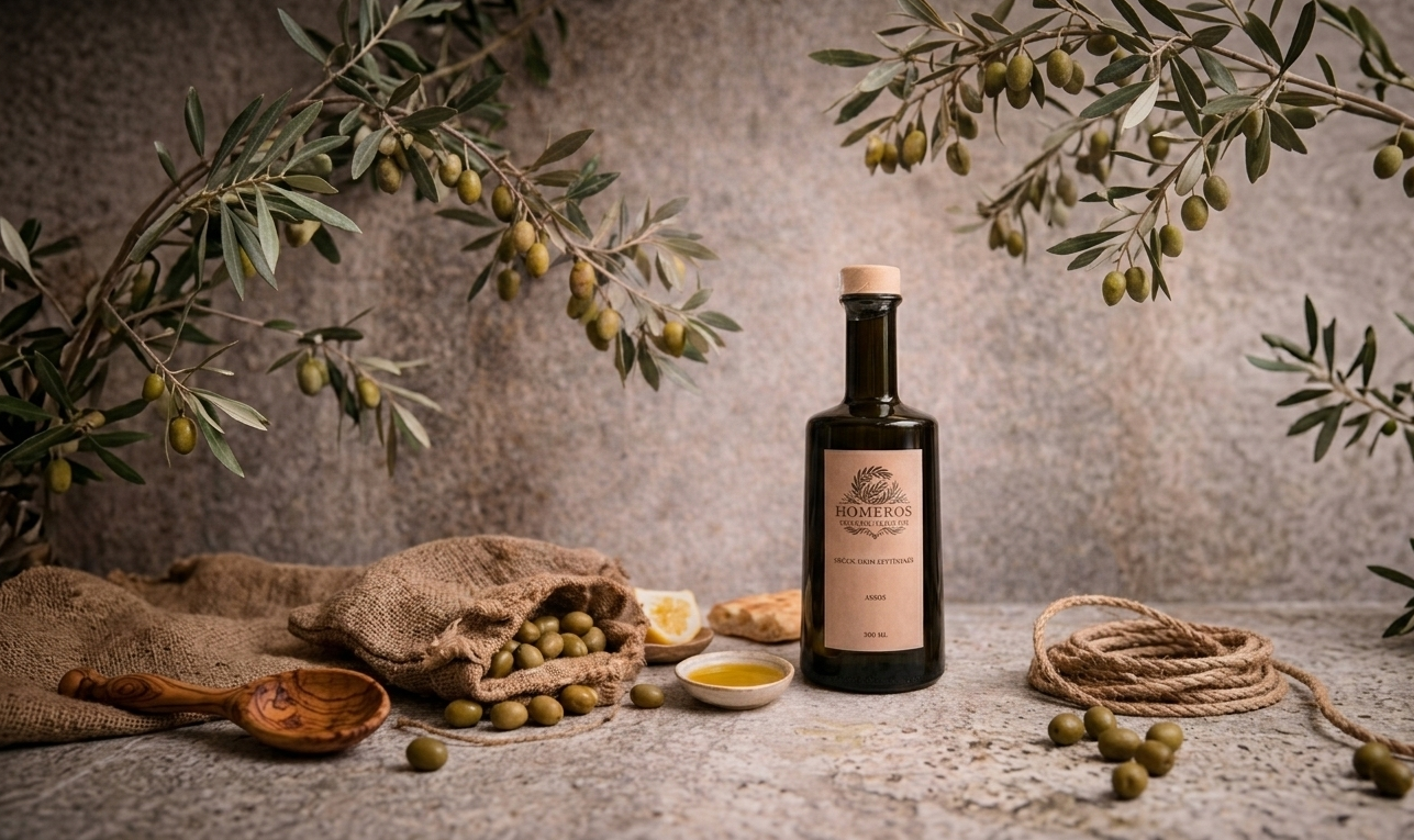 Zeytin dalları, doğal ekmek ve Homeros zeytinyağı şişesi ile Assos ilhamlı sahne